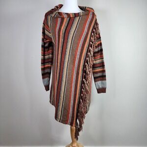 Striped Fringe Poncho Sweater Womens Small Knit Boho Western Wrap Cardigan Rust